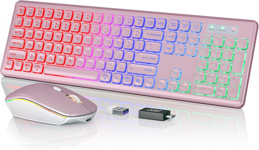 Wireless Keyboard and Mouse Combo - RGB Backlit, Rechargeable & Light Up Letters, Full-Size, Ergonomic Tilt Angle, Sleep Mode, 2.4GHz Quiet Keyboard Mouse for Mac, Windows, Laptop, PC, Trueque, Rose
