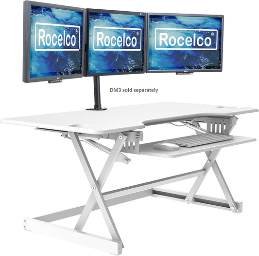 Rocelco 46" Large Height Adjustable Standing Desk Converter - Quick Sit Stand Up Triple Monitor Riser - Gas Spring Assist Computer Workstation - Retractable Keyboard Tray - White (R DADRW-46)
