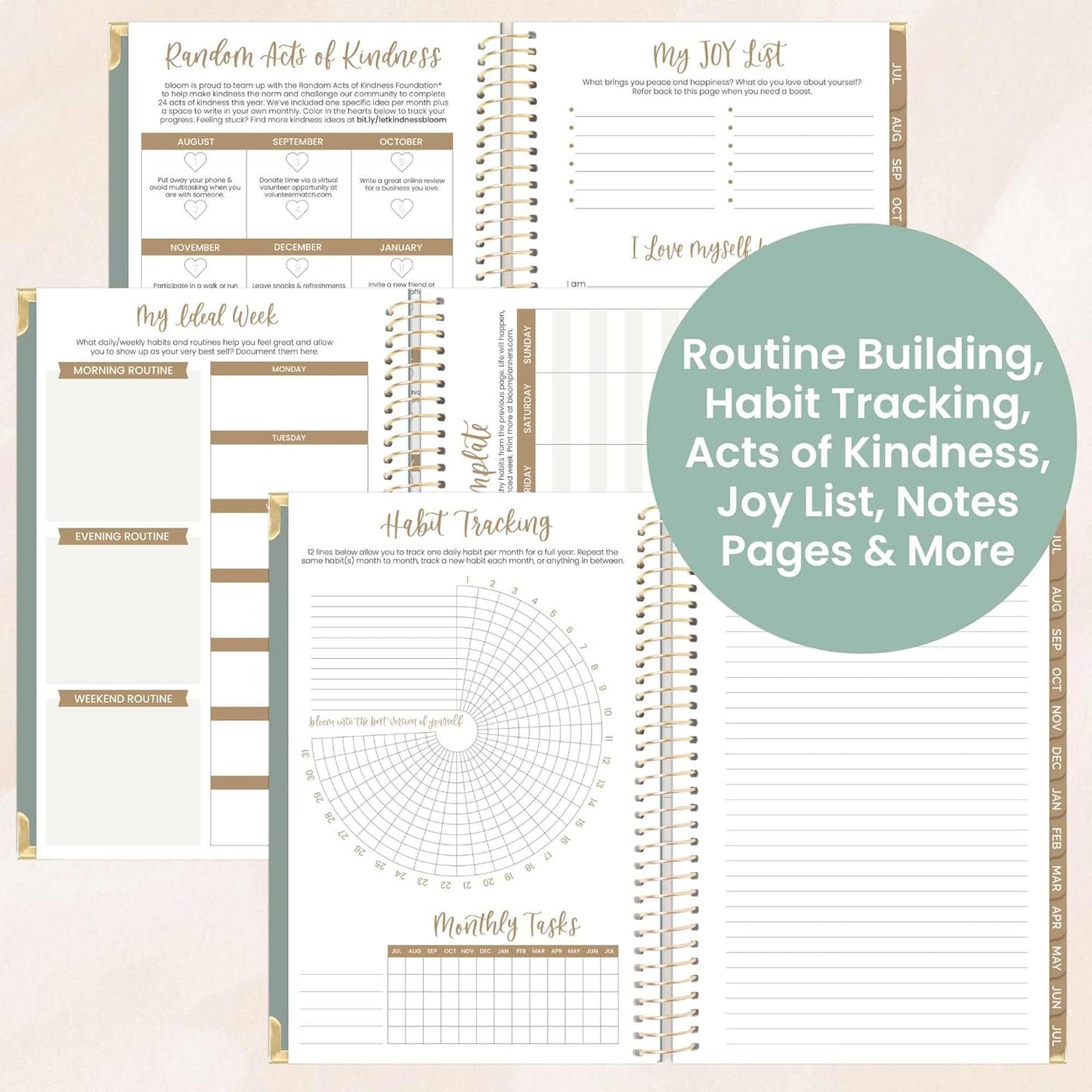 bloom daily planners HARDCOVER 2025-2026 Academic Year Planner (July 2025 - July 2026) - A5 Task Goal Organizer - Aesthetic Monthly & Weekly Inspirational Agenda Book - 5.5" x 8.25" - Green Linen