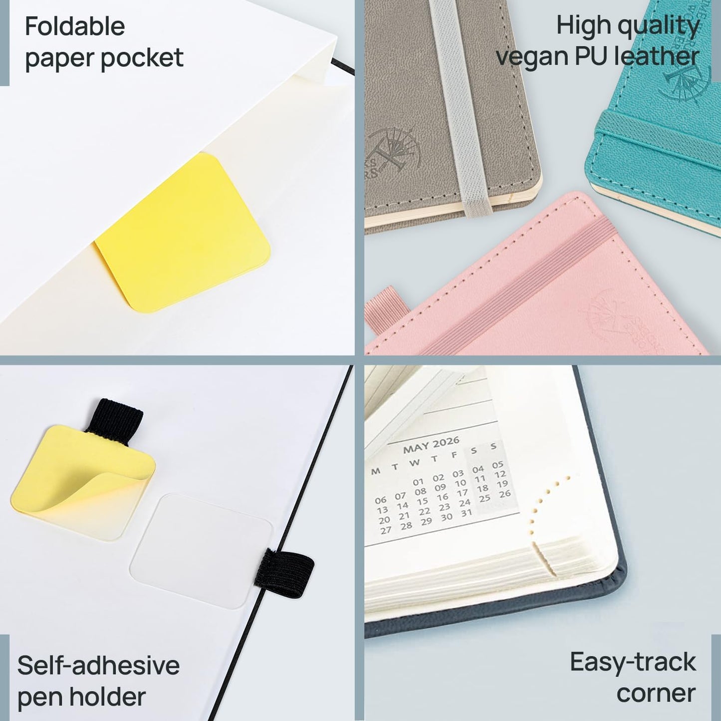 POPRUN Pocket Monthly Planner 2026-2027 (Pocket- 4''x 6.25'' Soft Leather Cover) - 18 Month Calendar Book for Purse (Jan.2026 - Jun. 2027), 100 GSM Thick Paper - Grey