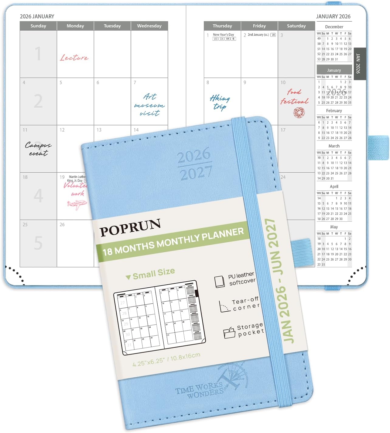 POPRUN Pocket Monthly Planner 2026-2027 (Pocket- 4''x 6.25'' Soft Leather Cover) - 18 Month Calendar Book for Purse (Jan.2026 - Jun. 2027), 100 GSM Thick Paper - Blue