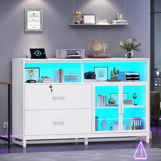 SEDETA 59" File Cabinet, 2 Drawers Filing Cabinets for Home Office fit Legal/Letter/A4 File, File Cabinet with Lock & Power Outlets, Printer Stand with Storage & LED Lights, White