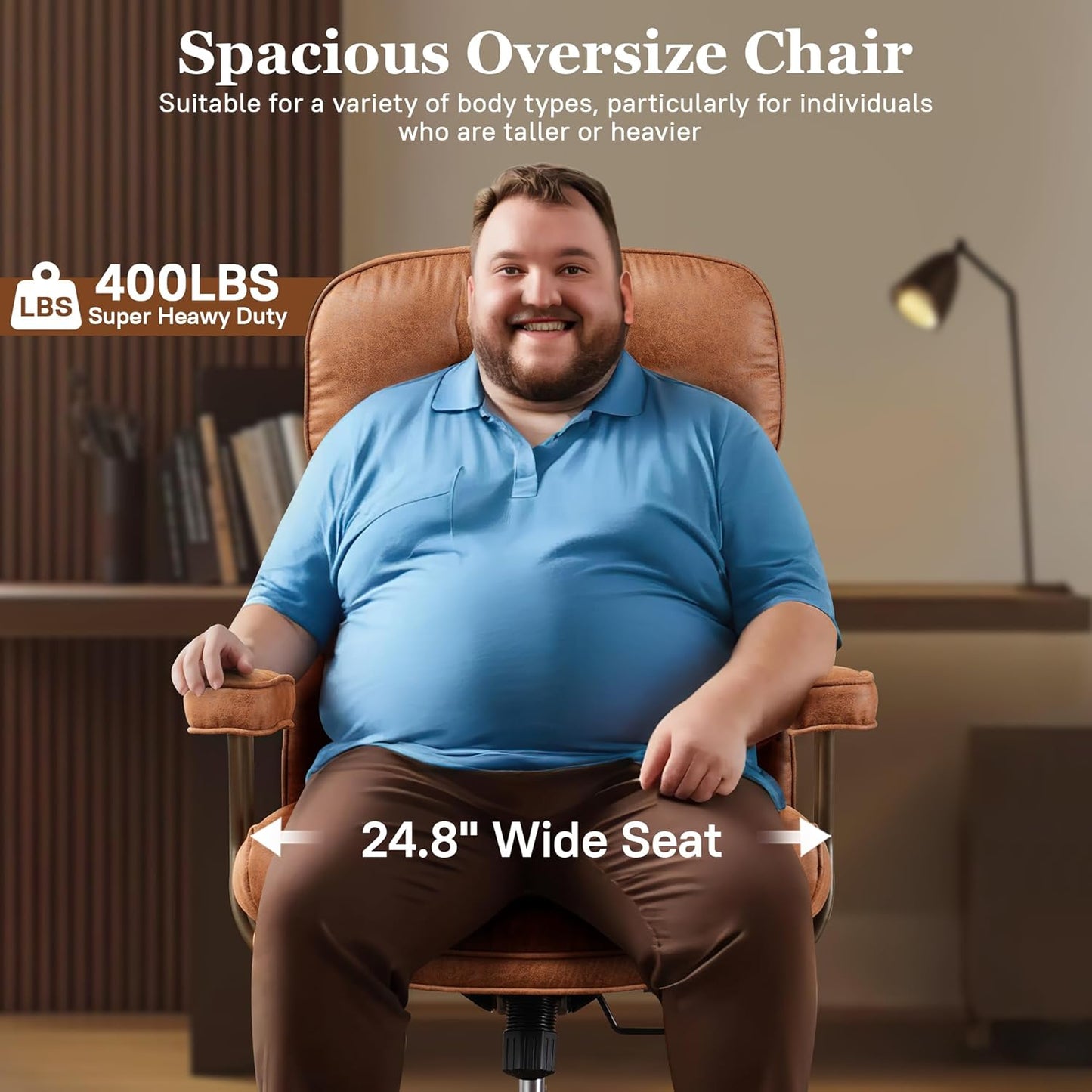 Mid Century Modren Big and Tall Office Chair,Large Ergonomic Executive Chair for Heavy Duty People, Computer Desk Task Chair with Wheels, Faux Lether Fabric Wide Chair for Home Sturdy,Brown(Suede)