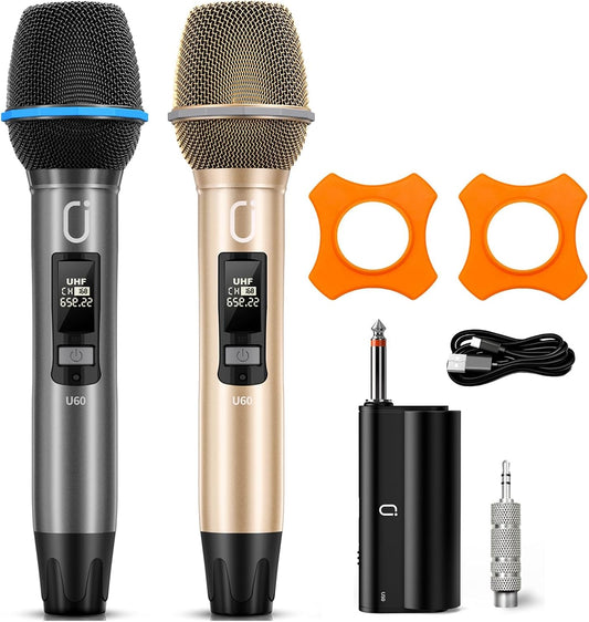 Wireless Microphones for Karaoke: Dual Professional Karaoke Microphone for Singing, Rechargeable Dynamic UHF Mic System with Receiver for Church, Party, Meeting, Speech, PA System, Plug and Play