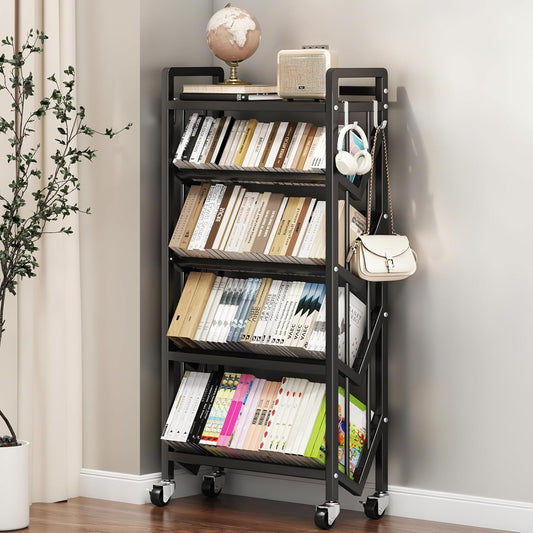 Bookshelf Movable Book Cart Multi-Layer Storage Rack Large-Capacity Rolling Cart L-Shaped Carbon Steel Shelf Suitable for Storing Books, Magazines, Newspapers, Shoes
