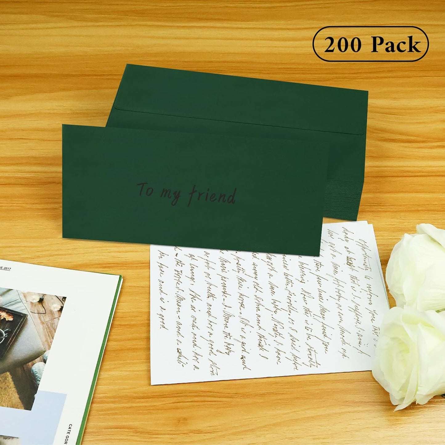 200 Pack #10 Business Envelopes, Dark Green Standard Envelopes Self Seal, Letter Size Mailing Envelopes for Checks Letters Invoices Christmas Birthday Graduation Wedding, 4 1/8 x 9 1/2 Inch