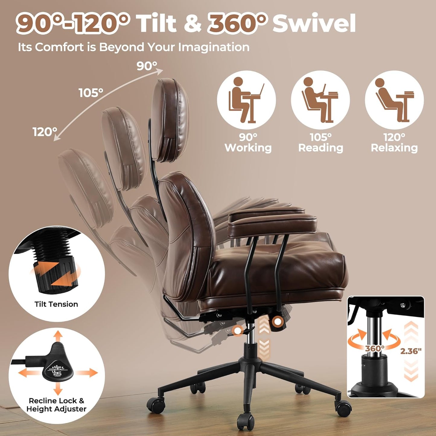 ovios Ergonomic Home Office Chair, Mid-Century Modern Faux Leather Chairs with Thickened Cushions, Comfy High Back Swivel Rolling Executive Computer Armchair (Dark Brown, PU Leather)