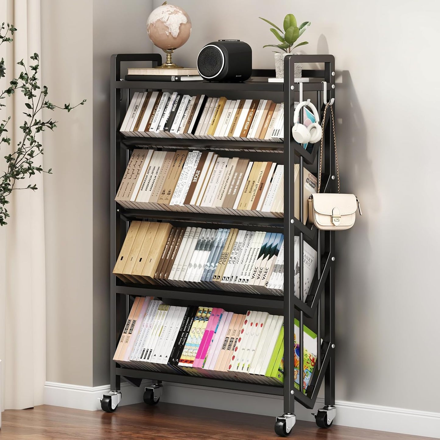 Bookshelf Movable Book Cart Multi-Layer Storage Rack Large-Capacity Rolling Cart L-Shaped Carbon Steel Shelf Suitable for Storing Books, Magazines, Newspapers, Shoes