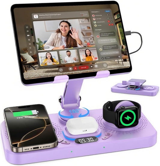 30W Charging Station for Apple Products, Foldable Wireless Charger with Clock Display&7 Color Light, Wired Charging for iPad/Tablet Charging Station for iPhone17, for Apple Watch10 for AirPods4(Purple