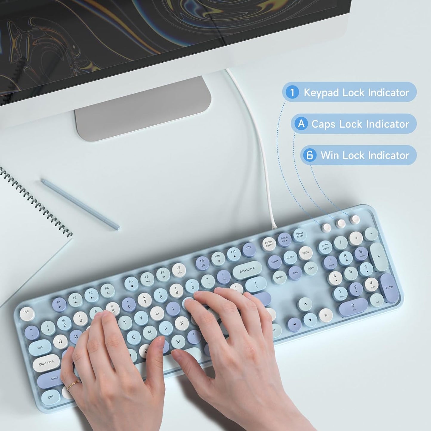 USB Wired Computer Keyboard - Retro Typewriter Keyboard - Full Size Office Keyboard with Number Pad, Caps Indicators, Foldable Stands, for PC Laptop Desktop Windows (Blue Colorful)