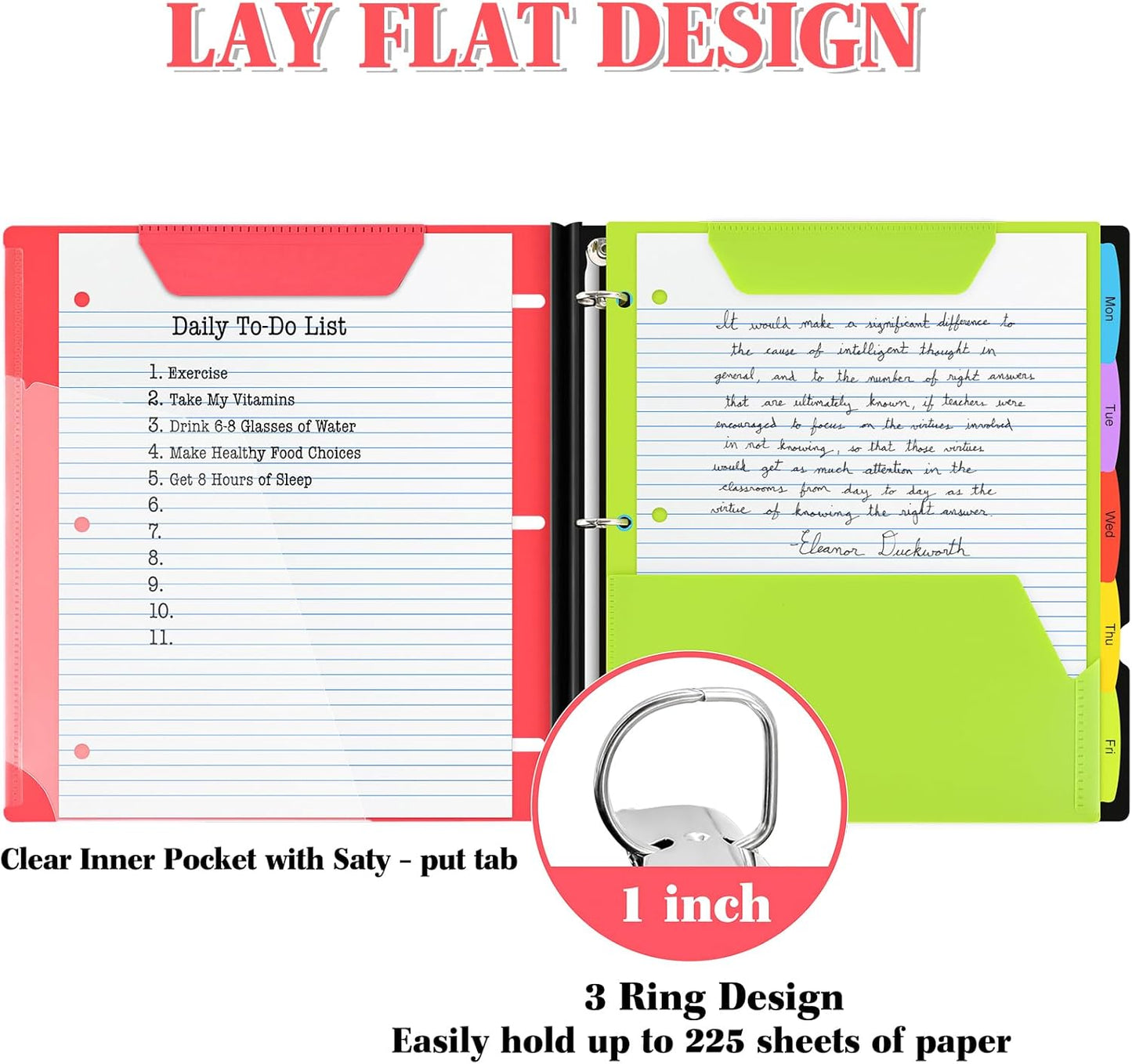 INFUN 1 Inch Telescoping 3 Ring Binder - 1PCS,Flexible Round Binder with Customizable Front Cover and Clear Catalog Pocket, 1 Inch Rings, 225 Sheet Capacity-Red