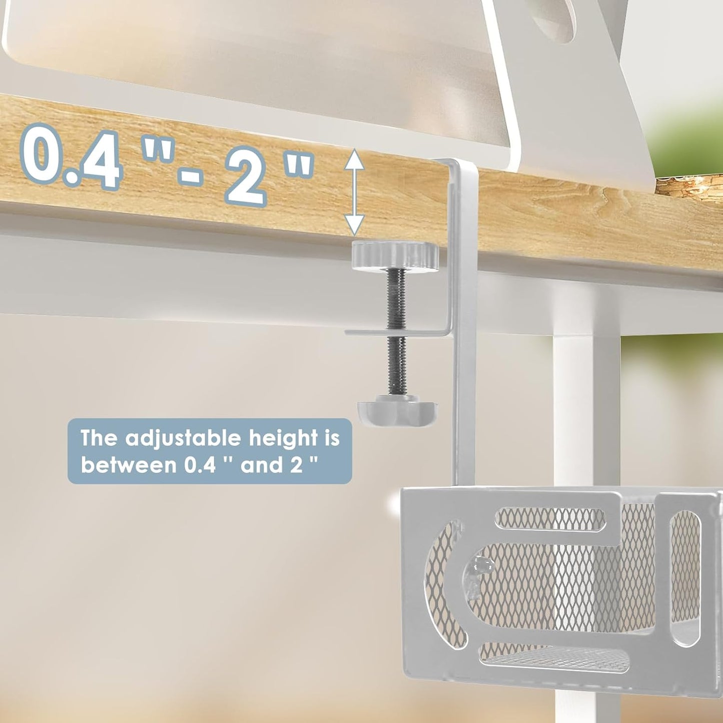 Cable Management, 2 Pack Cable Management Under Desk No Drill, Metal Cord Organizer with Clamp for Standing Desk, Cable Organizer for Home Office, White