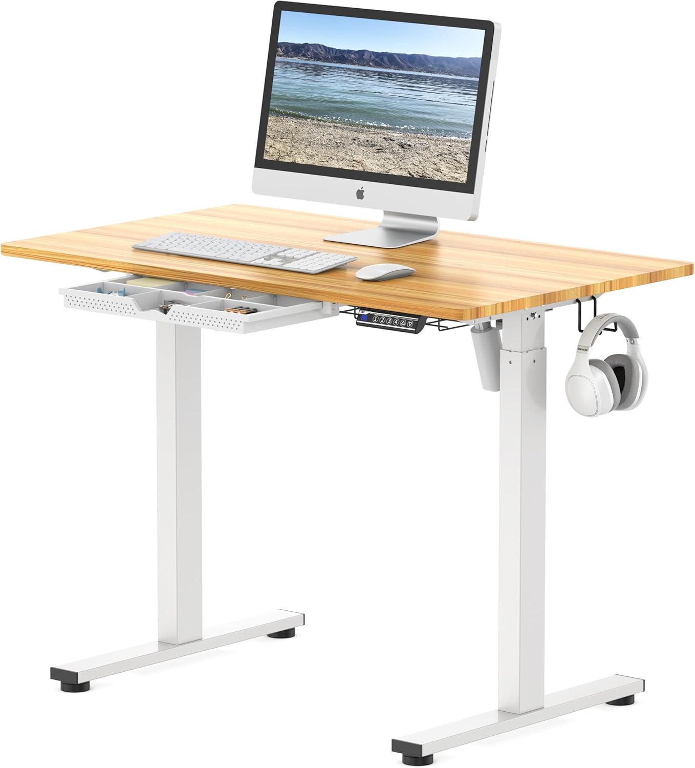 SHW 40-Inch Electric Height Adjustable Standing Desk with Drawer, Memory Preset and Cable Management Tray, Oak