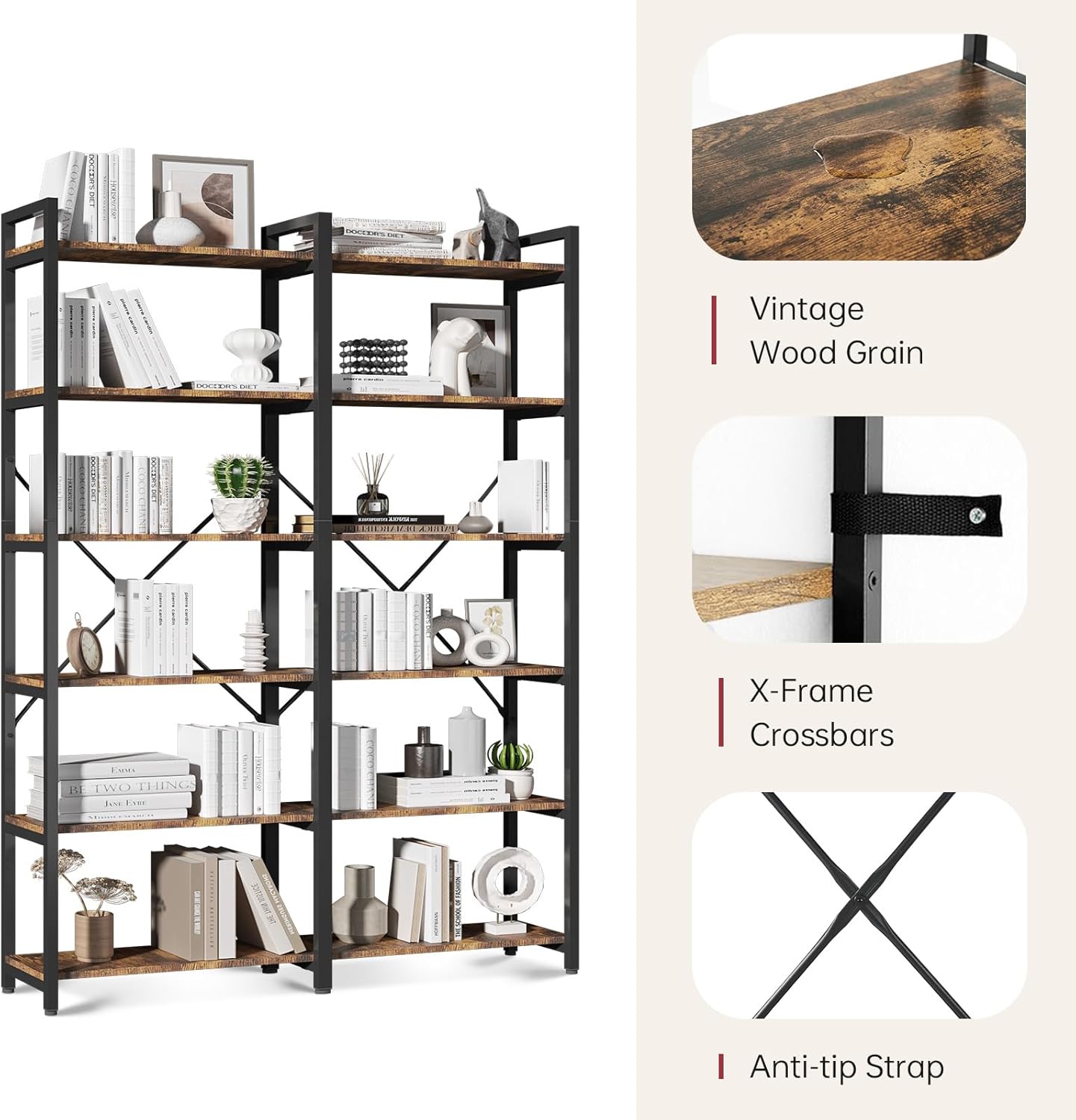 oneinmil 6 Tier Bookshelf Set of 2, 71.5'' Industrial Wood Bookshelves, Book Shelf with 12 Open Display Shelves & Metal Frame, Tall Bookcase for Home and Office, Rustic Brown