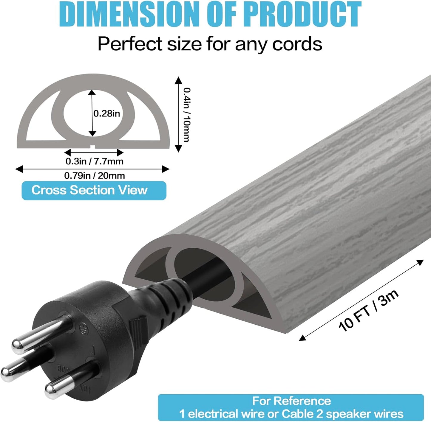 Floor Cord Cover Self Adhesive Cord Hider,10FT Cable Management, Extension Strip Protector for Wires, Prevent Cable Trips for Offices, Gyms, Exhibitions Cavity:0.3"(W) x 0.28"(H) Gray Wood