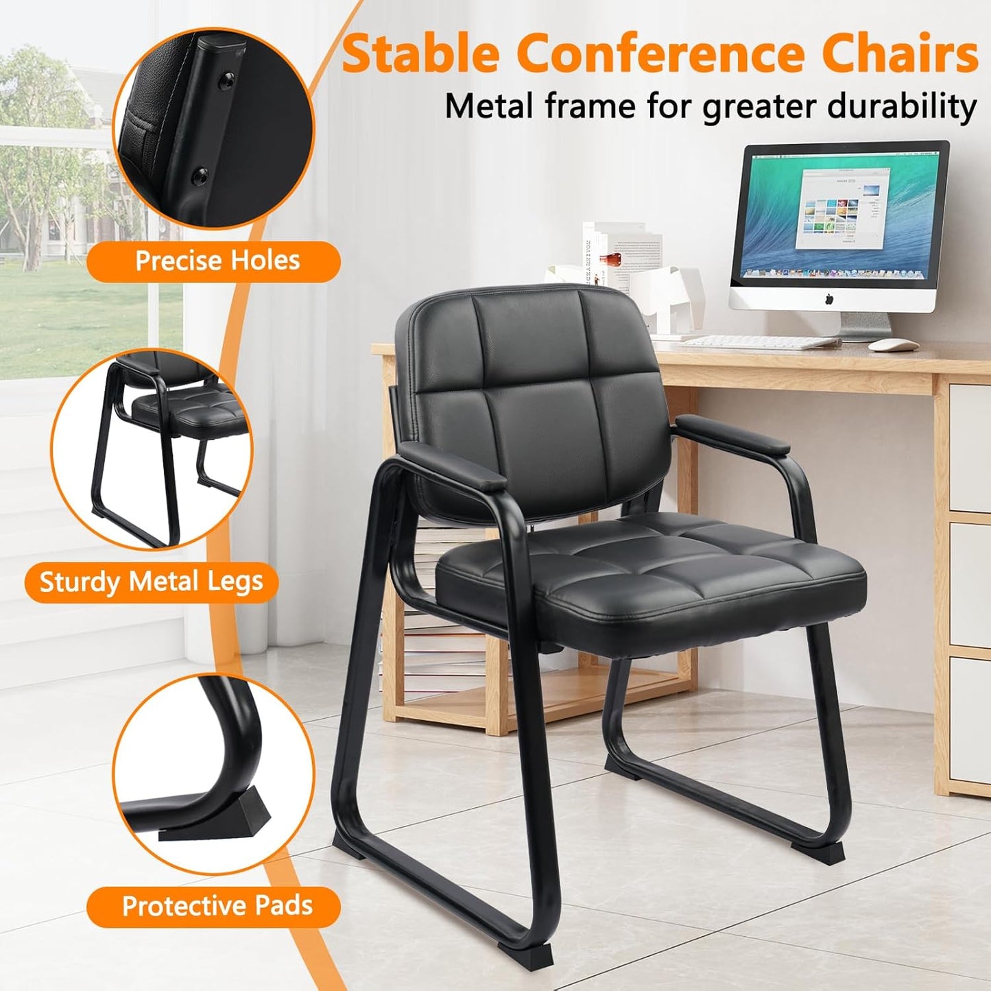 CLATINA Waiting Room Guest Chair with Bonded Leather Padded Arm Rest for Office Reception and Conference Desk Black with Sled Base