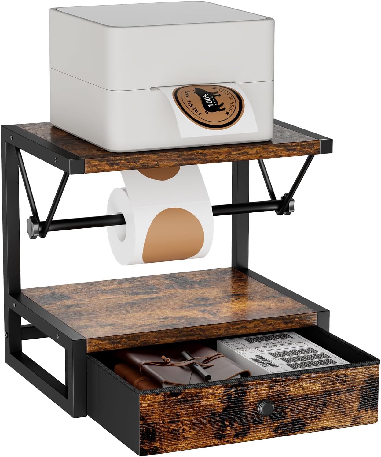 IBUYKE Label Holder for Rolls and Fan-Fold Labels,Wooden Thermal Shipping Label Stand with Drawer Desktop Printer Holder for Home, Office, Small Business,Brown TPS003H