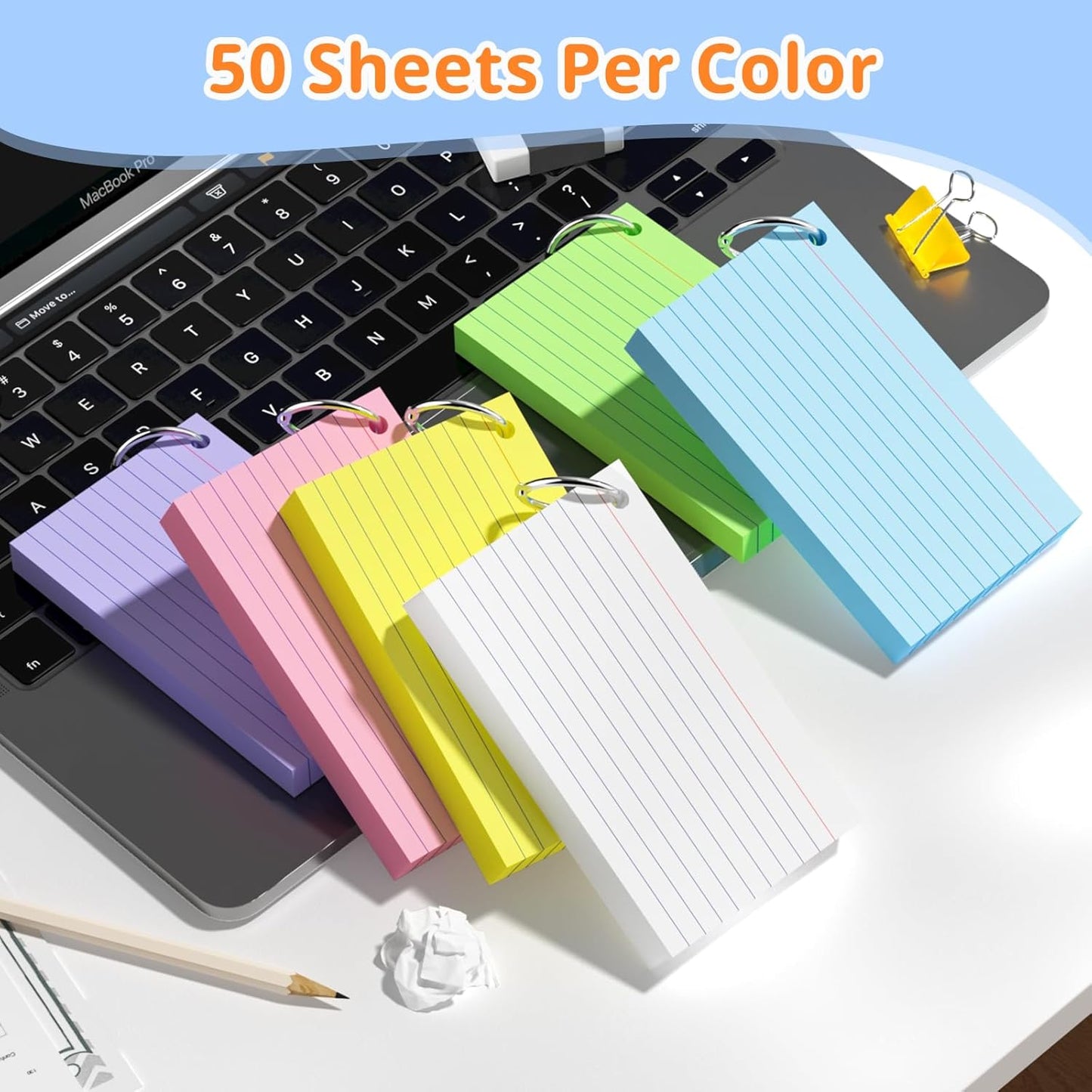 Index Cards 3x5 Inches, 300 PCS, Colored Flash Cards With Ring, Punched Lined Study Card Ruled Flashcards Notecards, Ruled Front And Blank Back, Note Card for School, College And Home