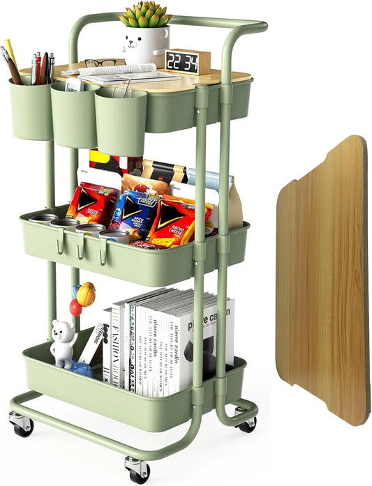 3 Tier Rolling Cart with Metal Handle, Table Top, Hanging Cups, Hooks, Plastic Storage Baskets& Wheels Lockable, Utility Cart for Bathroom Classroom Office Kitchen Pantry Organizers and Storage, Green