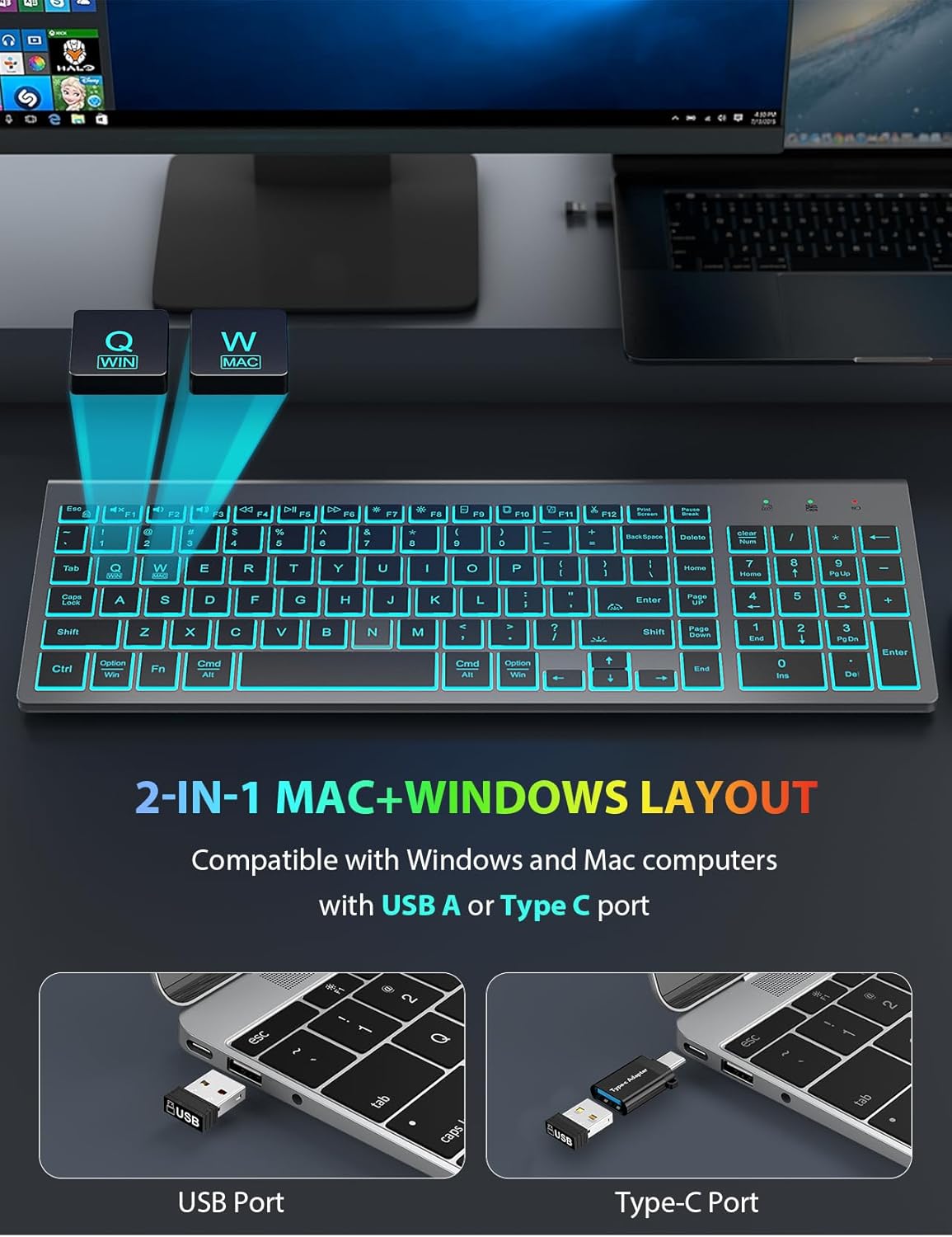 SABLUTE Wireless Keyboard and Mouse Combo Backlit - Compact Quiet Keyboard with RGB Mouse, Rechargeable, Slim, Sleep Mode, Portable Cordless Keyboard Mouse Set for Mac, Windows, Laptop (Space Gray)