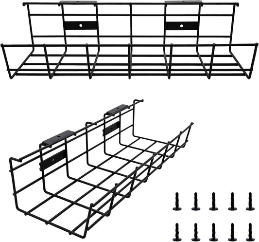 Under Desk Cable Management- 2 Pack Cord Organizer. Metal Wire Cable Management Tray for Office, Studio and Home. Super Sturdy Under Table Cable Management - Black Cable Organizer