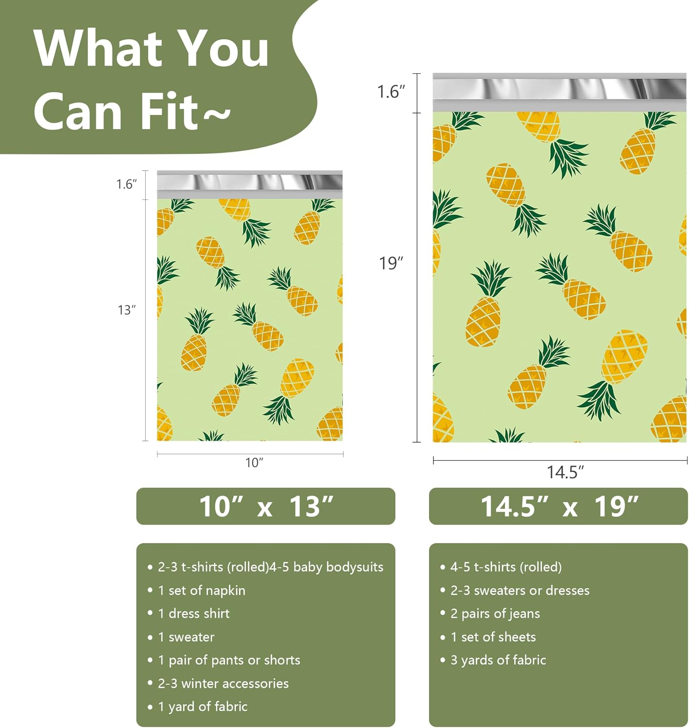 Poly Mailers 12x15.5 Inch 50 Pcs - Pineapple printed Shipping Bags, 2.4mil Thickness, Waterproof and Tear Resistant Mailing Envelopes, Self-Sealing Packaging Bags for Small Business