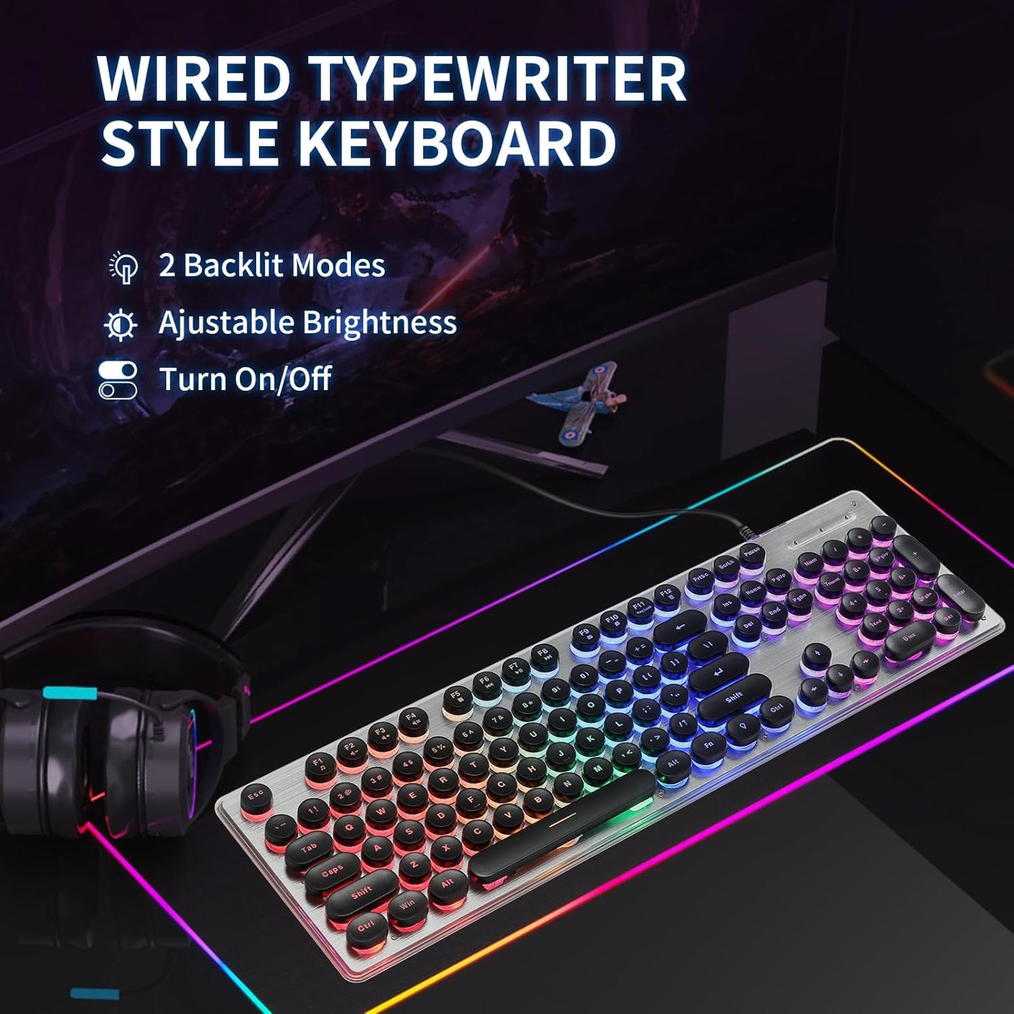 Typewriter Style Keyboard with Metal Panel, Rainbow LED Backlit, Round Keys, Anti-ghosting, Spill Resistant, Light Up USB Wired Retro 104 Keys for Office,Gaming, Black/Silver