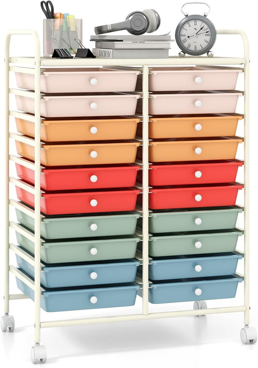 Giantex 20 Drawers Rolling Cart, Mobile Storage Drawer Cart, Classroom Organizer Cart for Office School Supplies Teacher Tools Scrapbook Paper Craft Small Printer, Utility Cart on Wheels, Macaron