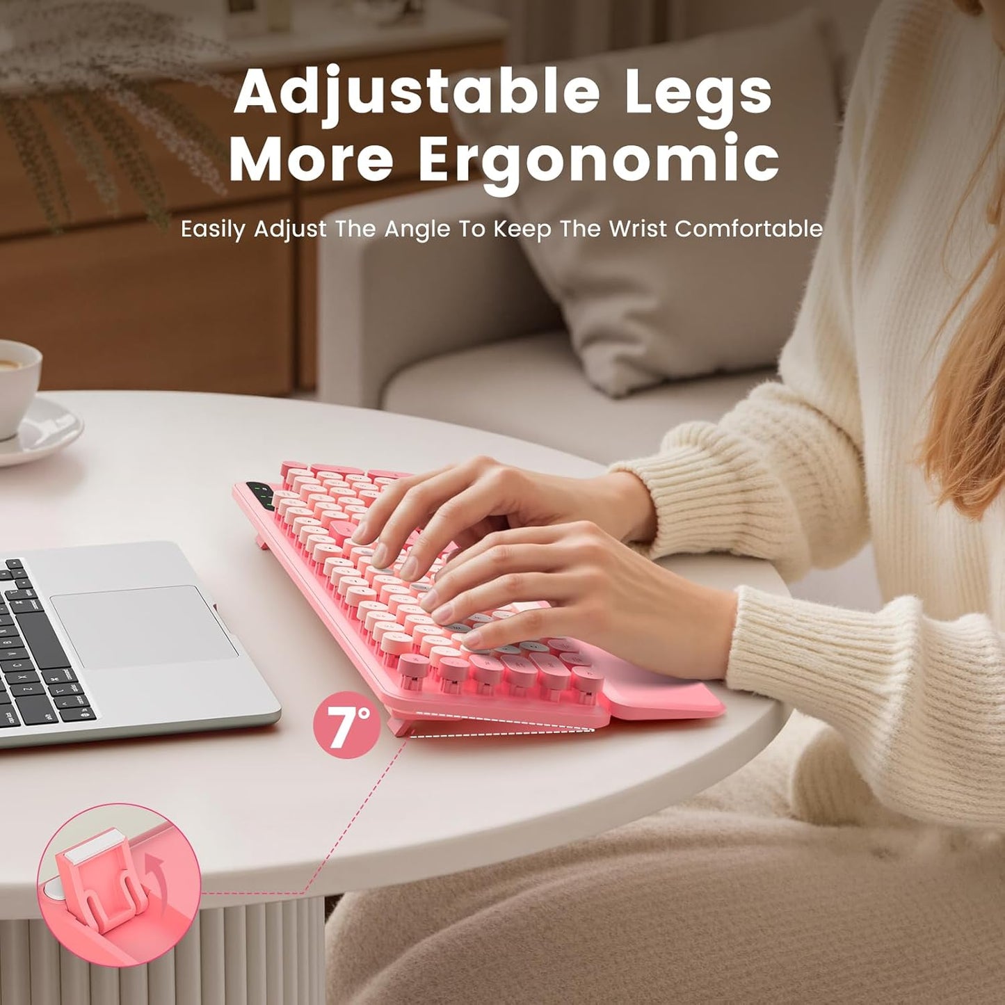 Wireless Keyboard, Round Keycaps, Retro Typewriter Keyboard with Detachable Wrist Rest, Sleep Mode, Foldable Legs, 2.4GHz Full-size Cordless Computer Keyboard for Windows/PC/Laptop (Baby Pink)