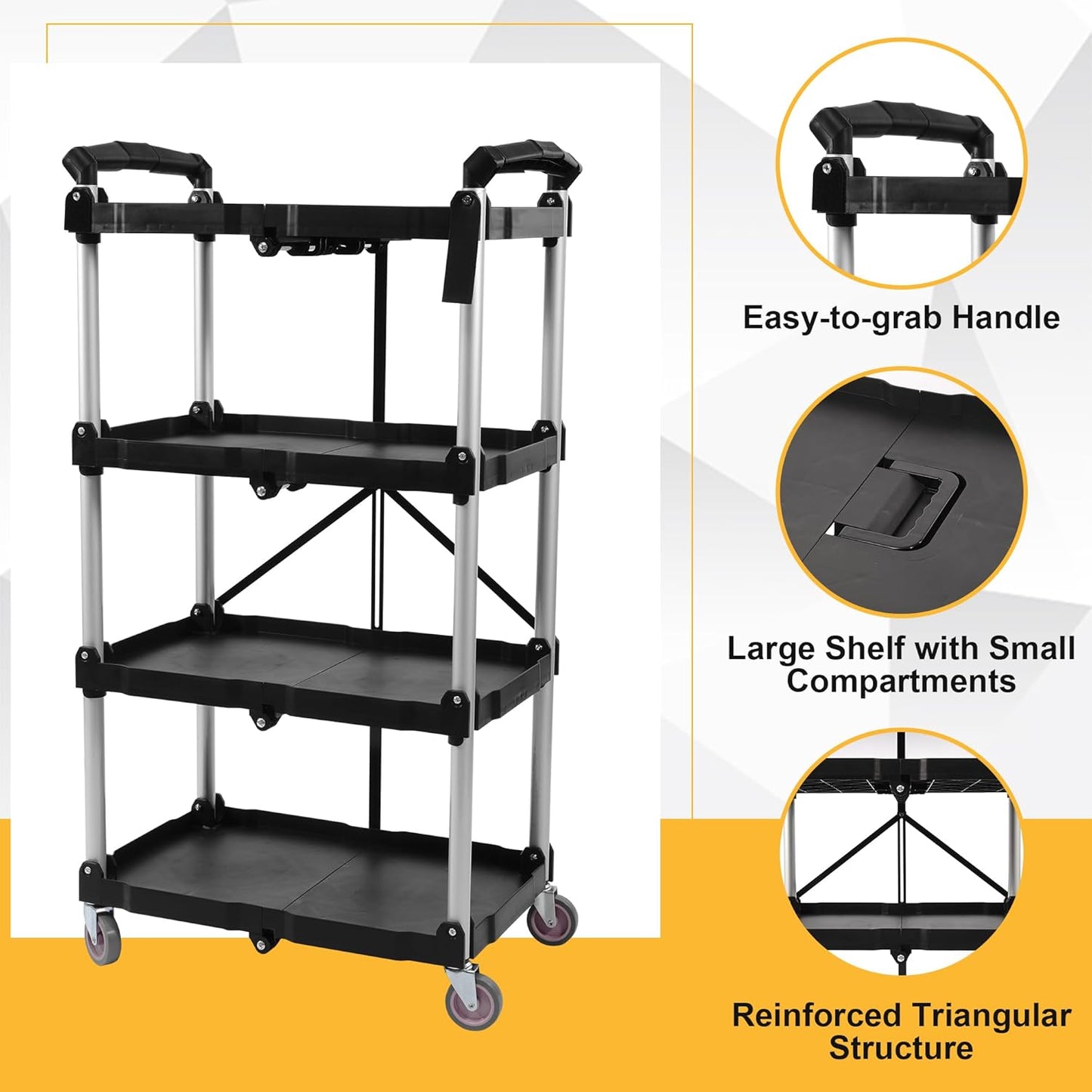 Folding Utility Cart, Portable Collapsible Service, 4 Shelf Heavy Duty Collapsible Tool with Wheels, Suitable for Office Warehouse Home, Black