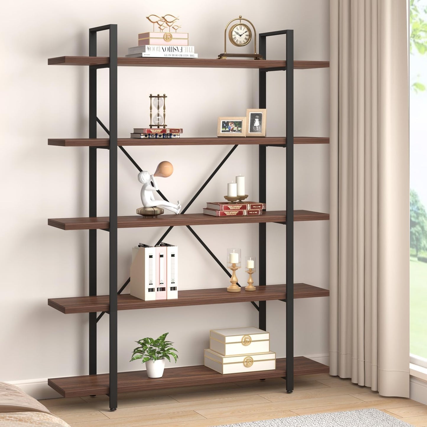 HSH Walnut 5 Tier Bookshelf, Tall Bookcases and Book Shelves 5 Shelf, Large Industrial Metal Wood Display Book Shelf Storage Rack, Rustic Open Bookcase Bookshelves for Bedroom Living Room Office