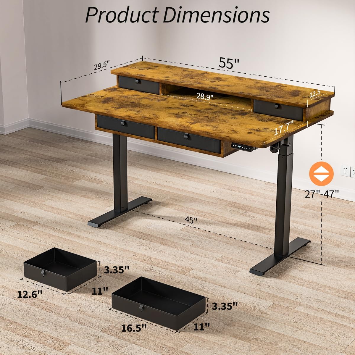 Standing Desk with Fast Charging USB Ports, 55" x 30" Height Adjustable Home Office & Gaming Desk, Sit Stand Desk with Built-in Storage Shelf, Hook & Ergonomic Design(Rustic Brown)
