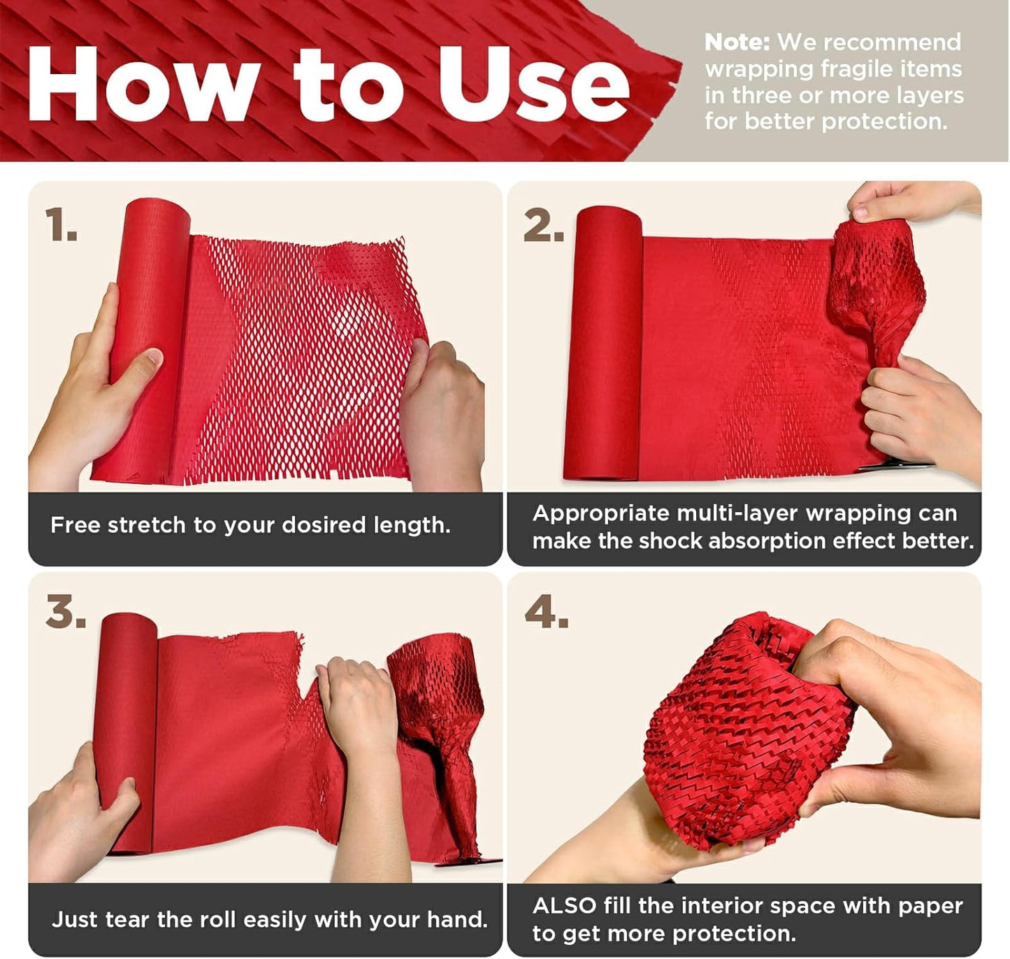 Honeycomb Packing Paper, 12"x300' Red | Perforated Honeycomb Packing Paper Recyclable Moving Supplies for Shipping & Moving | Plastic-Free Alternative to Bubble Cushion Wrap with 36 Fragile Stickers