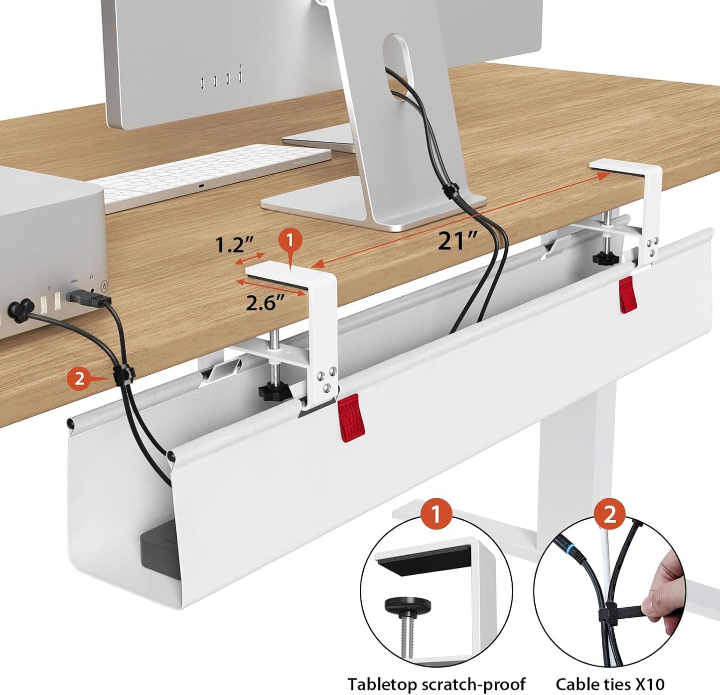 Univivi No Drill Under Desk Cable Management Tray, 36" Cord Organizer for Table, Clamp/Screw Mount Desk Cable Management, Premium Fabric Cable Management Tray for Office, Home