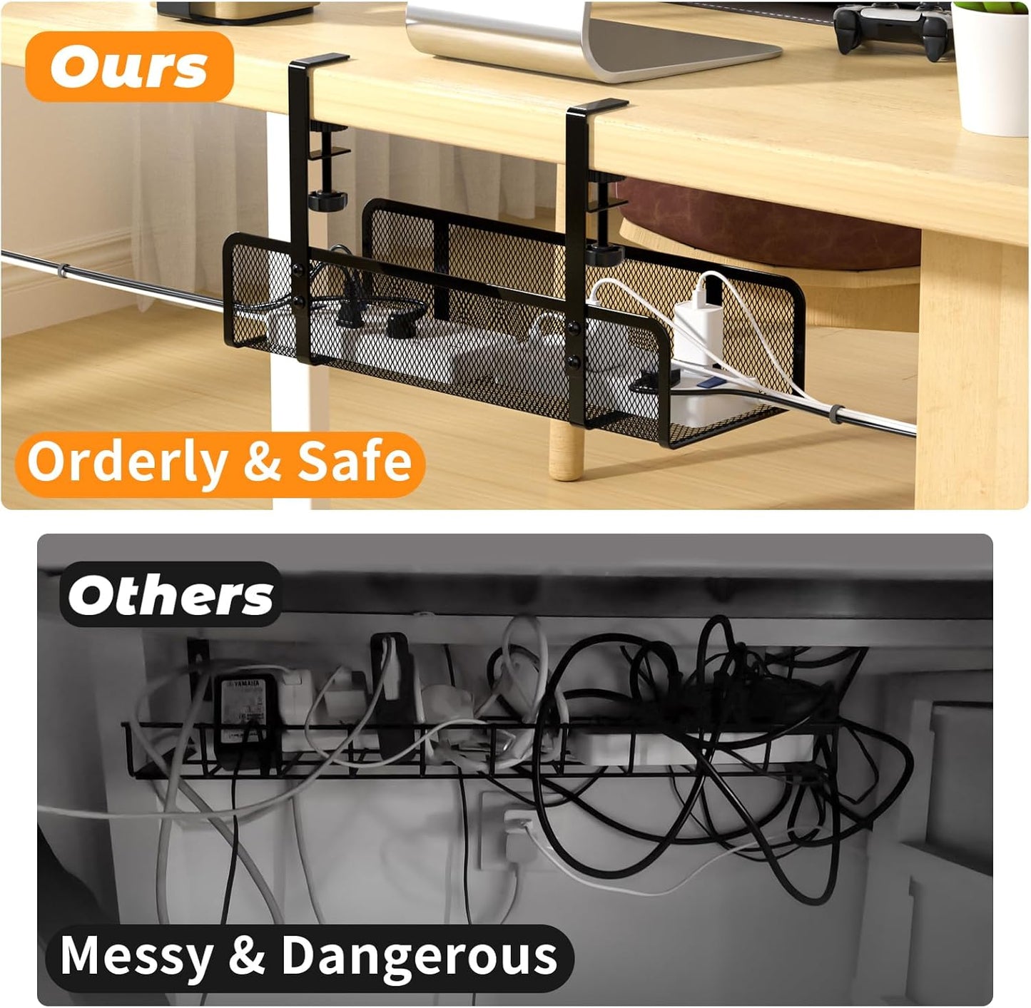 Under-Desk Cable Organizer Tray - Wire Management Box with Cord Organizer and Raceways for Office & Home - No Desk Damage, No Drill
