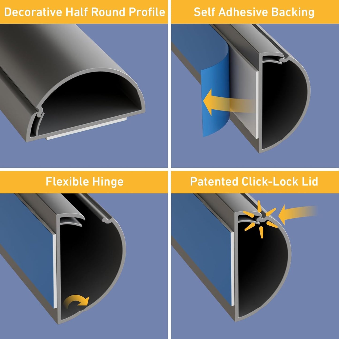 D-Line 13.12ft Cord Hider Kit, Patented Cable Cover, Hide Wires on Wall, Channel for TV Mount Cords, Raceway Wire Hiders, Paintable, Adhesive, Half Round, 4X 1.18in W x 0.59in H x 39in Lengths, Gray