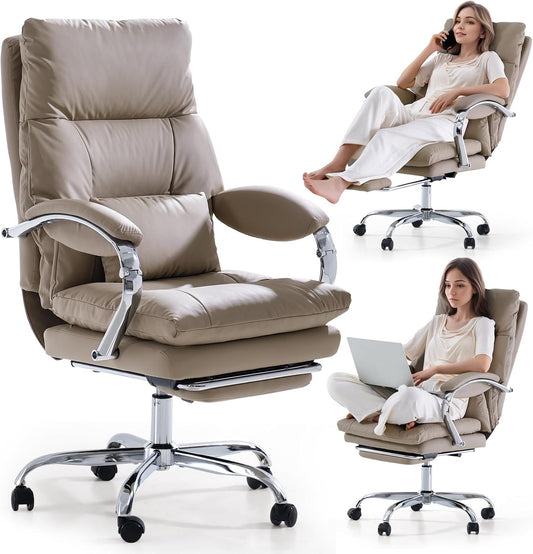 LEAGOO Reclining Office Chair with Foot Rest, Executive Office Chairs with Arms, Ergonomic High Back PU Leather Comfy Swivel Computer Desk Chairs with Wheels and Lumbar Support for Home Office, Khaki
