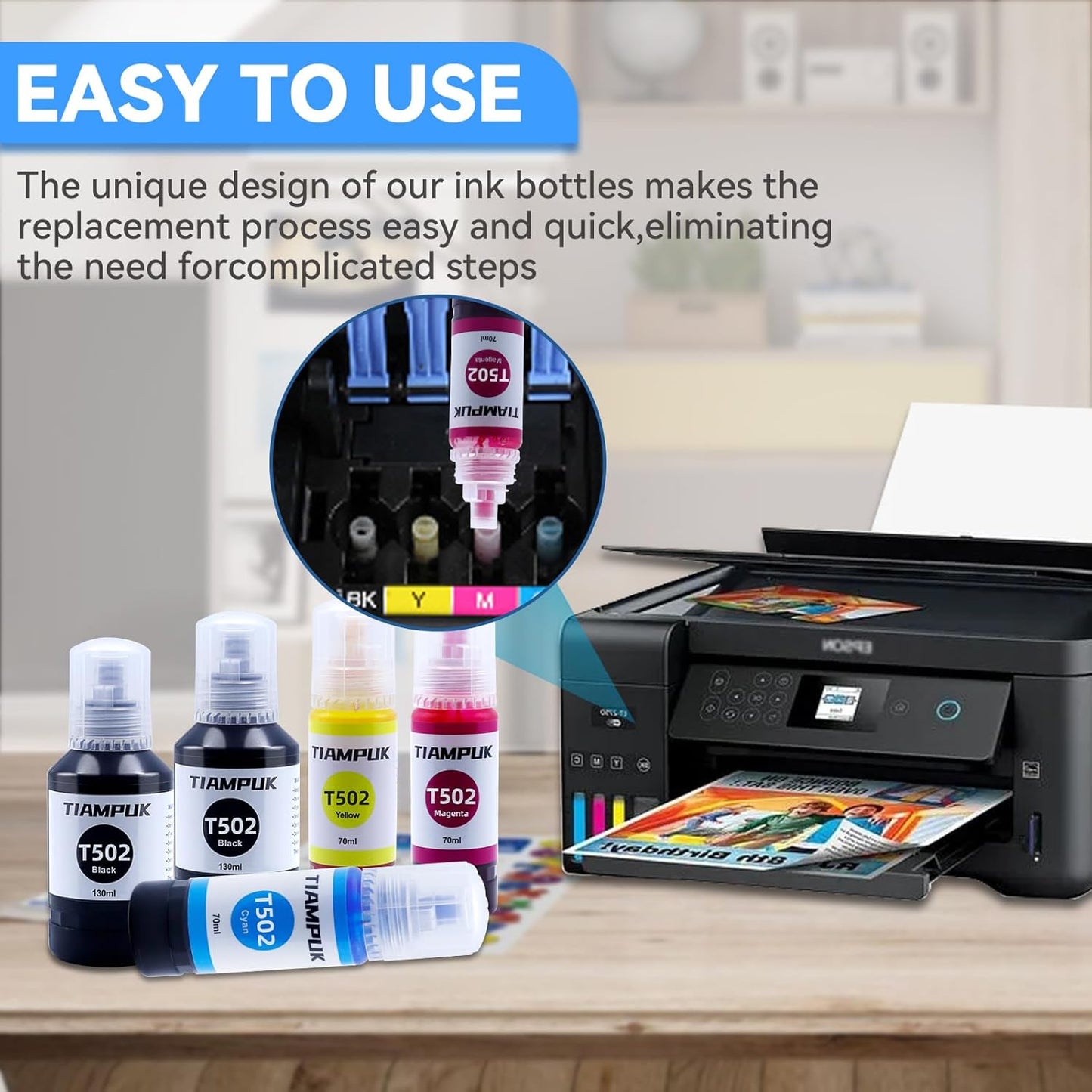 5 Pack T502 502 Ink Refill for Ecotank ET-4850 ET-4760 ET2750 ET-3760 ST-4000 ET-15000 ET-2850 ST-2000 ET-3710 ET-3850 ET-3750 ET-3830 ET4750 ET3700 ST3000 ET2700 ET2760 Printer