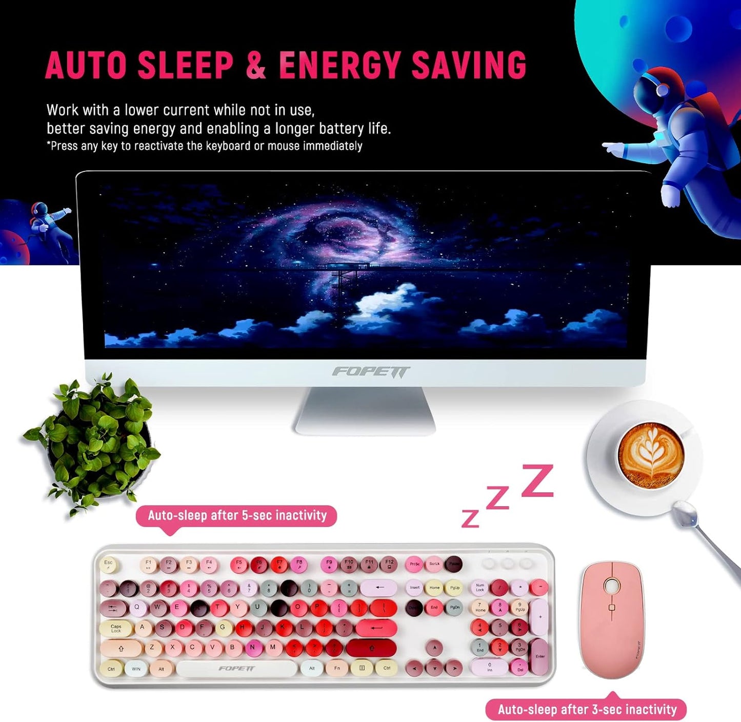 FOPETT Wireless Keyboard and Mouse Sets,Reliable 2.4 GHz Connectivity for PC,Laptop,Smart TV and More (White Colorful)