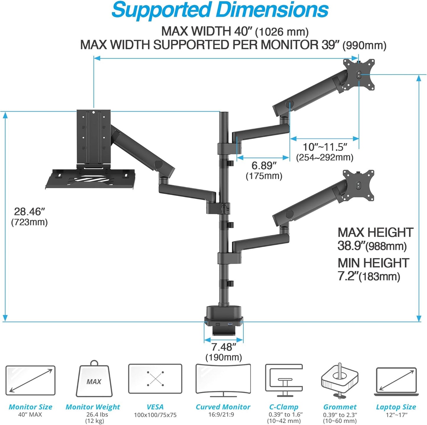 AVLT Laptop & Dual 40 Inch Stacking Monitor Arm Pole Top Mount with USB-C USB-A Ports-Black, Supports 26.4 lbs (12kg), Ultrawide Screen Fit, VESA Compatible, Multi-Screen, Ergonomic Workspace Upgrade