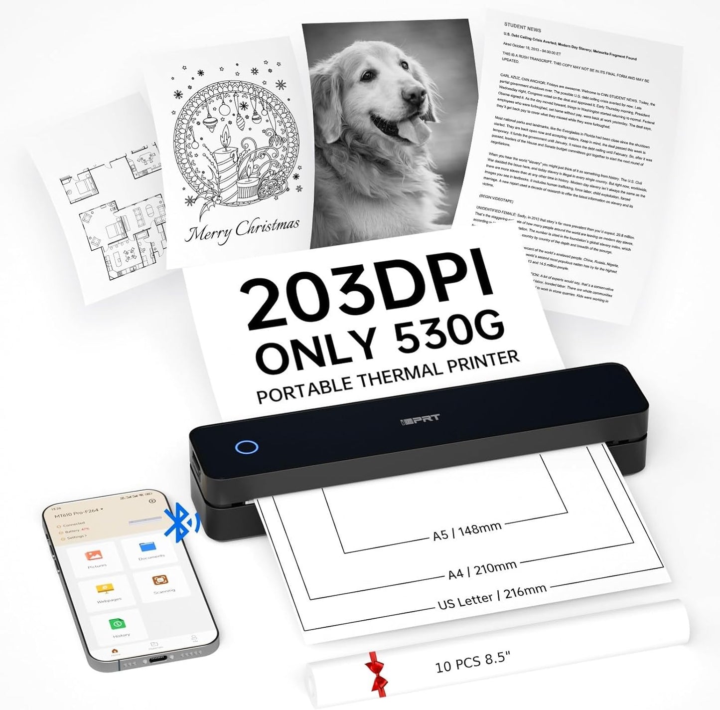 iDPRT Portable Printer Wireless for Travel, Inkless Bluetooth Thermal Printers for Home,Office,Vehicles203DPI,Supports 8.5" x 11" US Letter&A4 A5 Size,Compatible with Android and iOS Phones&PC