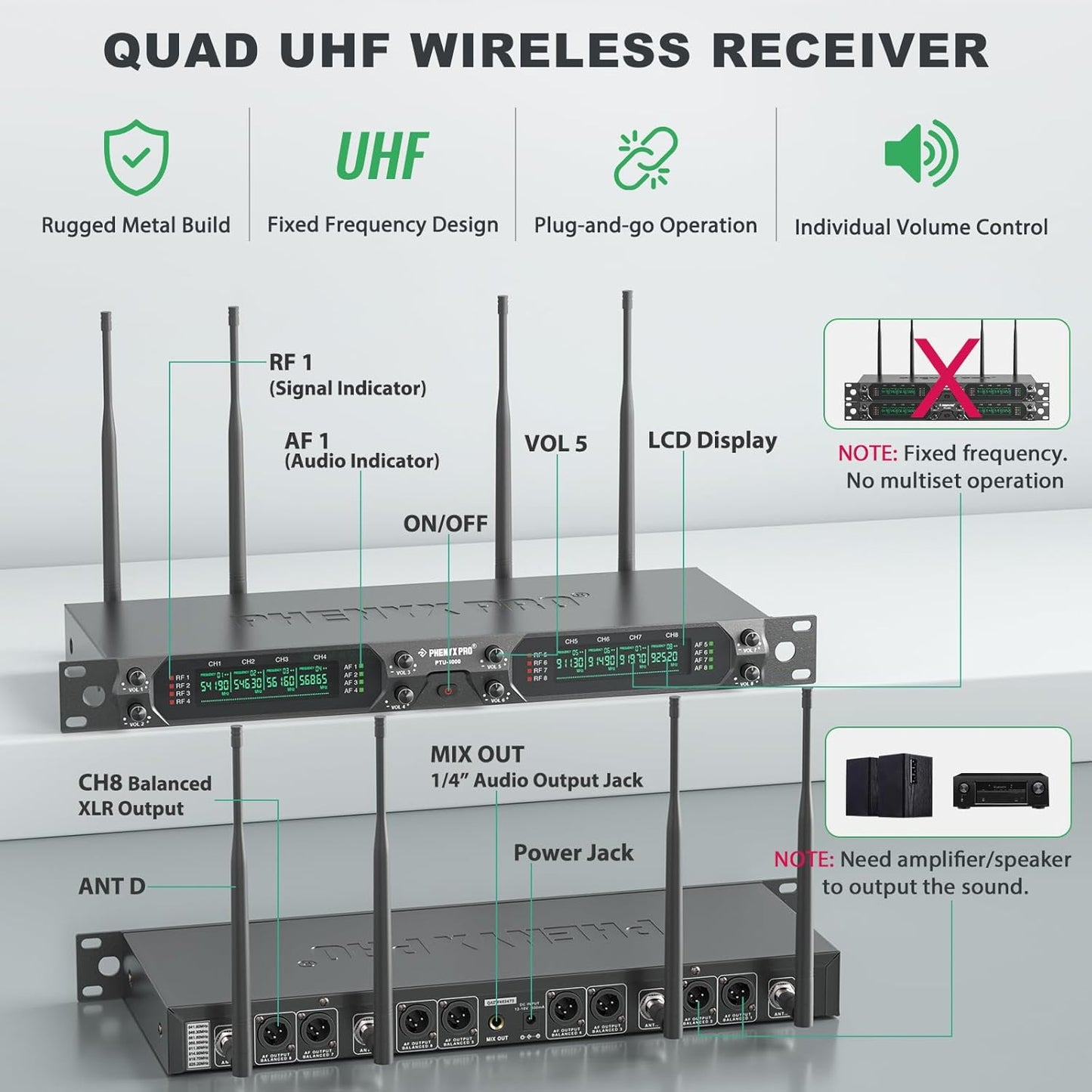 Phenyx Pro Wireless Microphone System, 8-Channel UHF Cordless Mic with Metal Handheld Wireless Mics, Fixed Frequency Dynamic Microphone for Karaoke,Church,Singing,DJ,260ft Range (PTU-4000-8H)