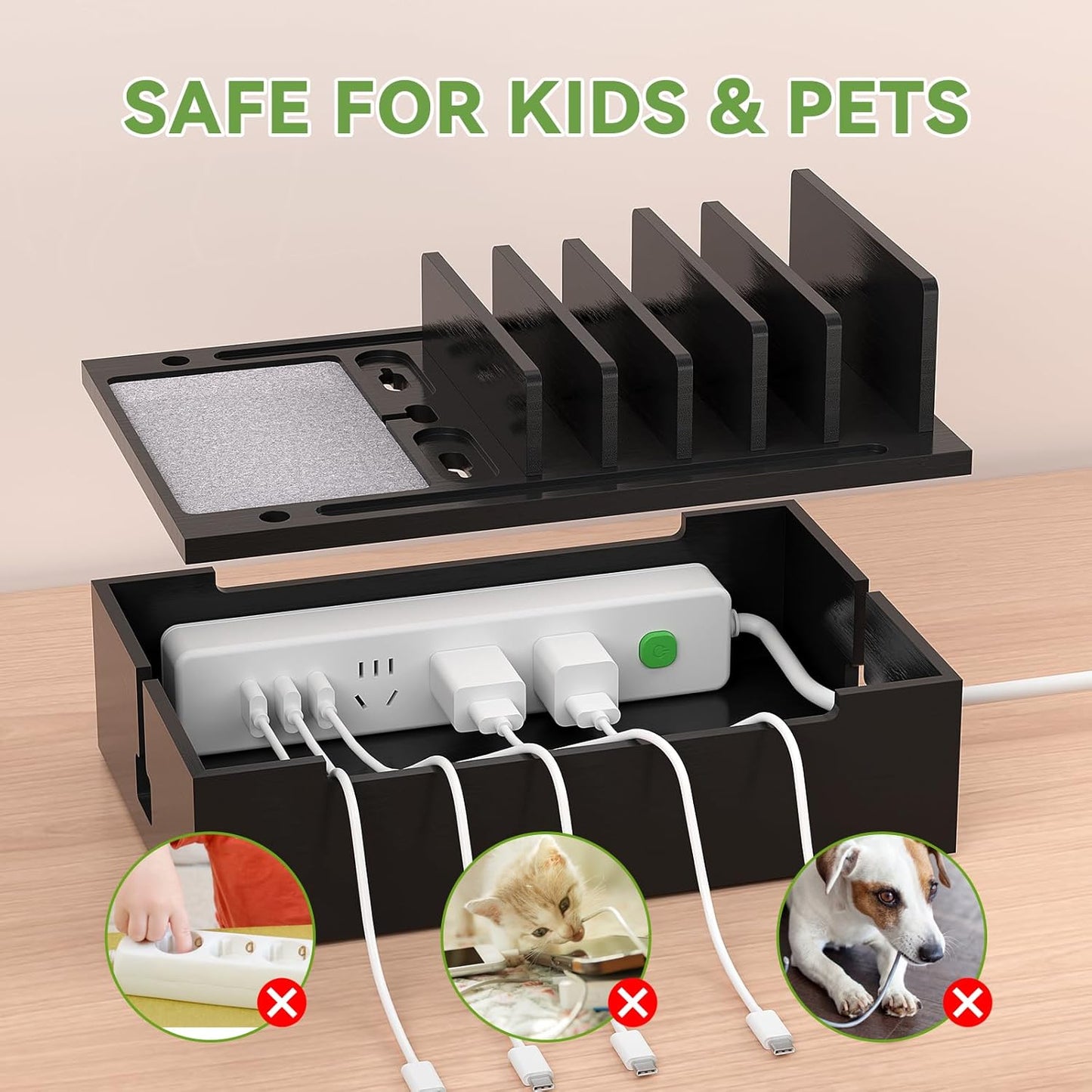 Pezin & Hulin Bamboo Charging Station for Multiple Devices, USB Charger Dock Organizer, with Power Supply (10 Ports HUB), 6 Cables, Cable Management Organizer for Cell Phones, Tablets -Black