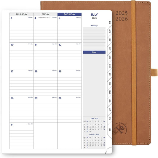 POPRUN Monthly Planner 2025-2026, 8.5'' x 11.25'', 13-Monthly Calendar (July 2025-July 2026) 15-Minute Hourly Appointment Book with Stair Tabs, Soft Cover, 100GSM Paper - Brown