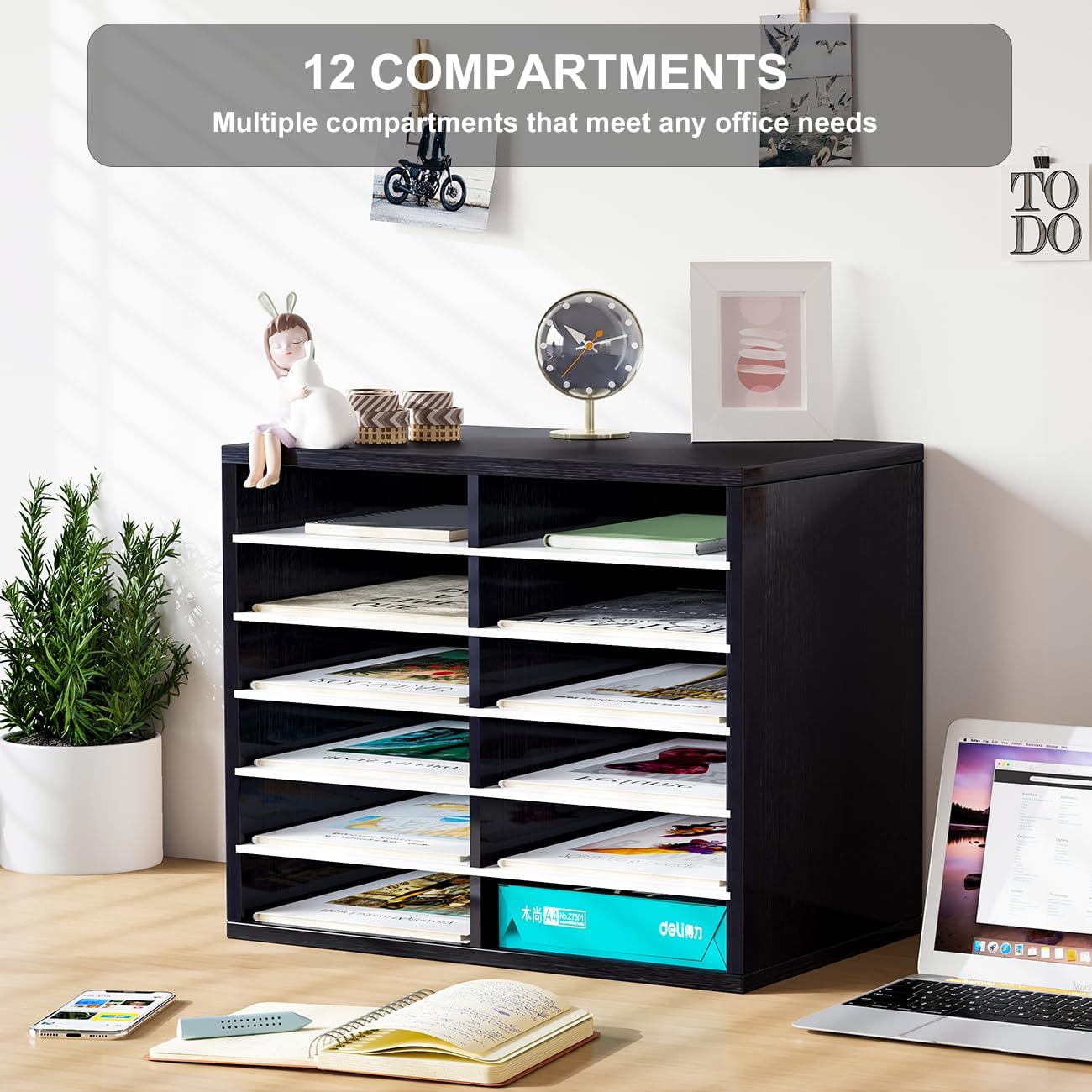 PAG Countertop Mail Sorter Organizer, Wooden Literature Organizer, Student Mailbox for Classroom, Desktop Bill Organizer for Office Home School, 12 Compartments, Black&White