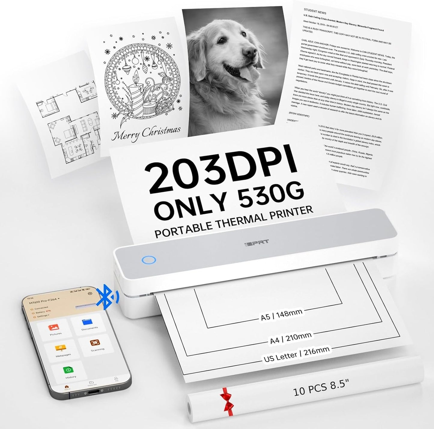 iDPRT Portable Thermal Printer,203DPI Wireless Bluetooth Small Printers for Travel,Office,Vehicles,Support 8.5" x 11" US Letter&A4 A5 Size, Compatible with Smartphone & Laptop