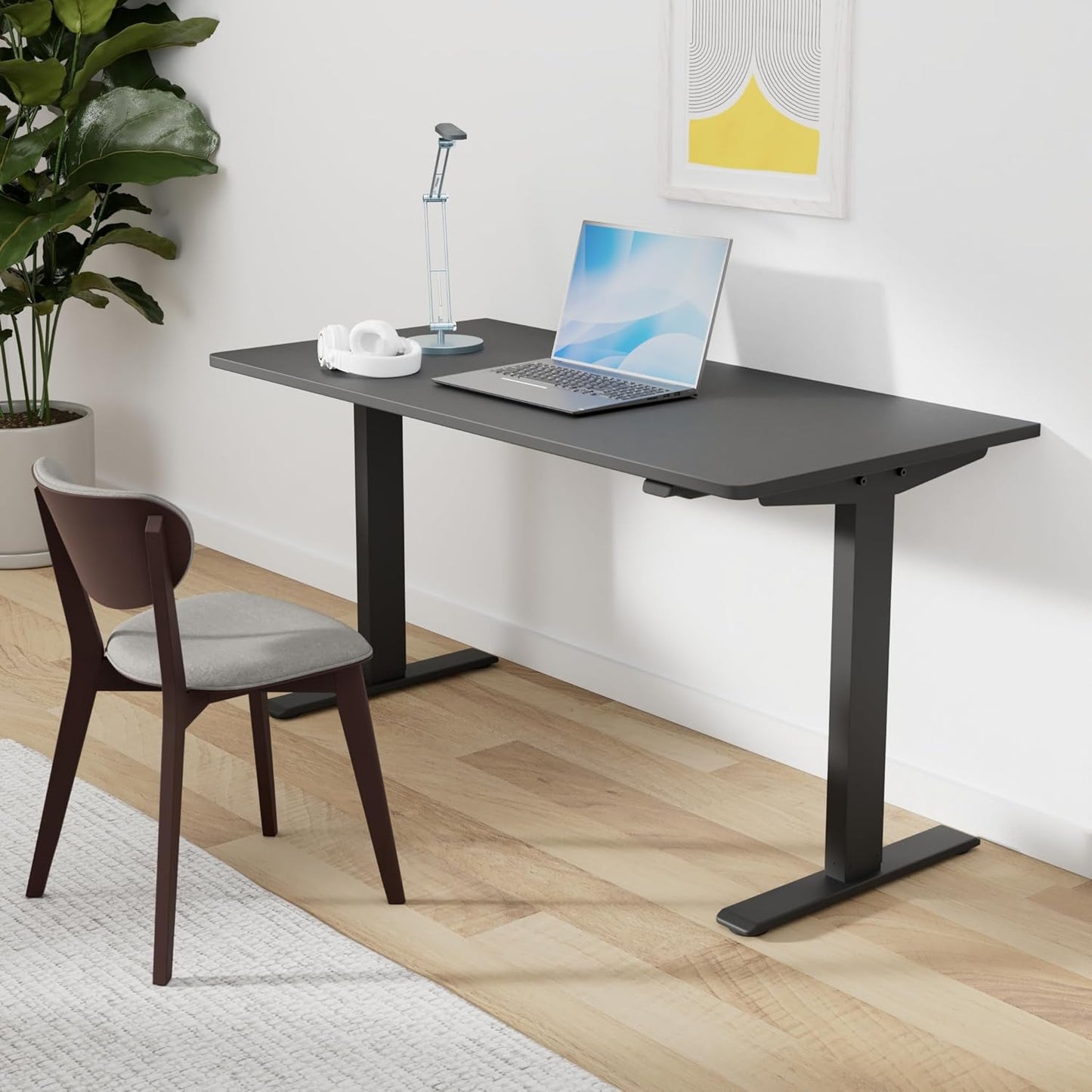 SANODESK Electric Standing Desk 55 x 28 Inches Whole-Piece Desktop Height Adjustable Stand Up Desk w/6-Button Controller Ergonomic Computer Desk for Home Office, Black Frame + Black Tabletop