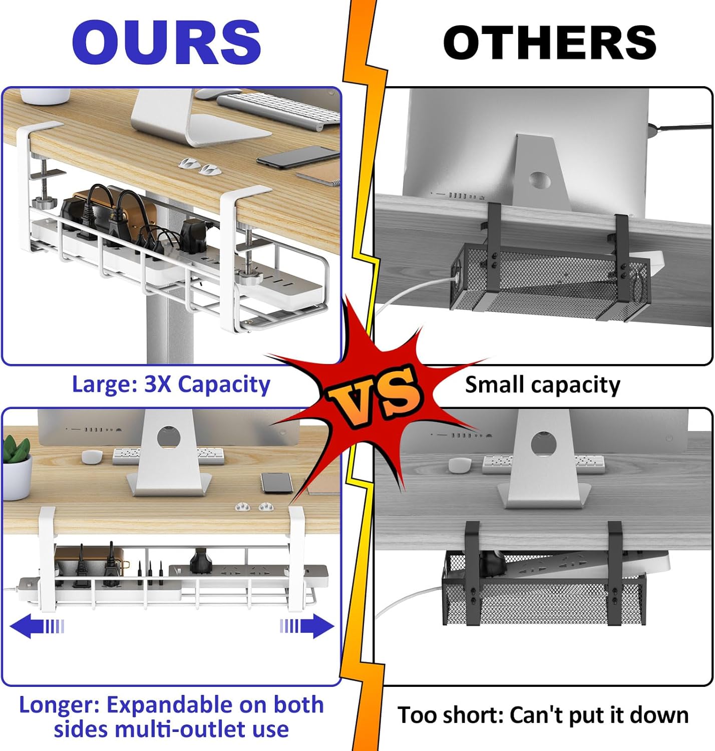 Under Desk Cable Management Tray, 15.7'' White No Drill Steel Desk Cable Organizers, Wire Management Tray Cable Management Rack, Desk Cable Tray with Wire Organizer White(2 pack)