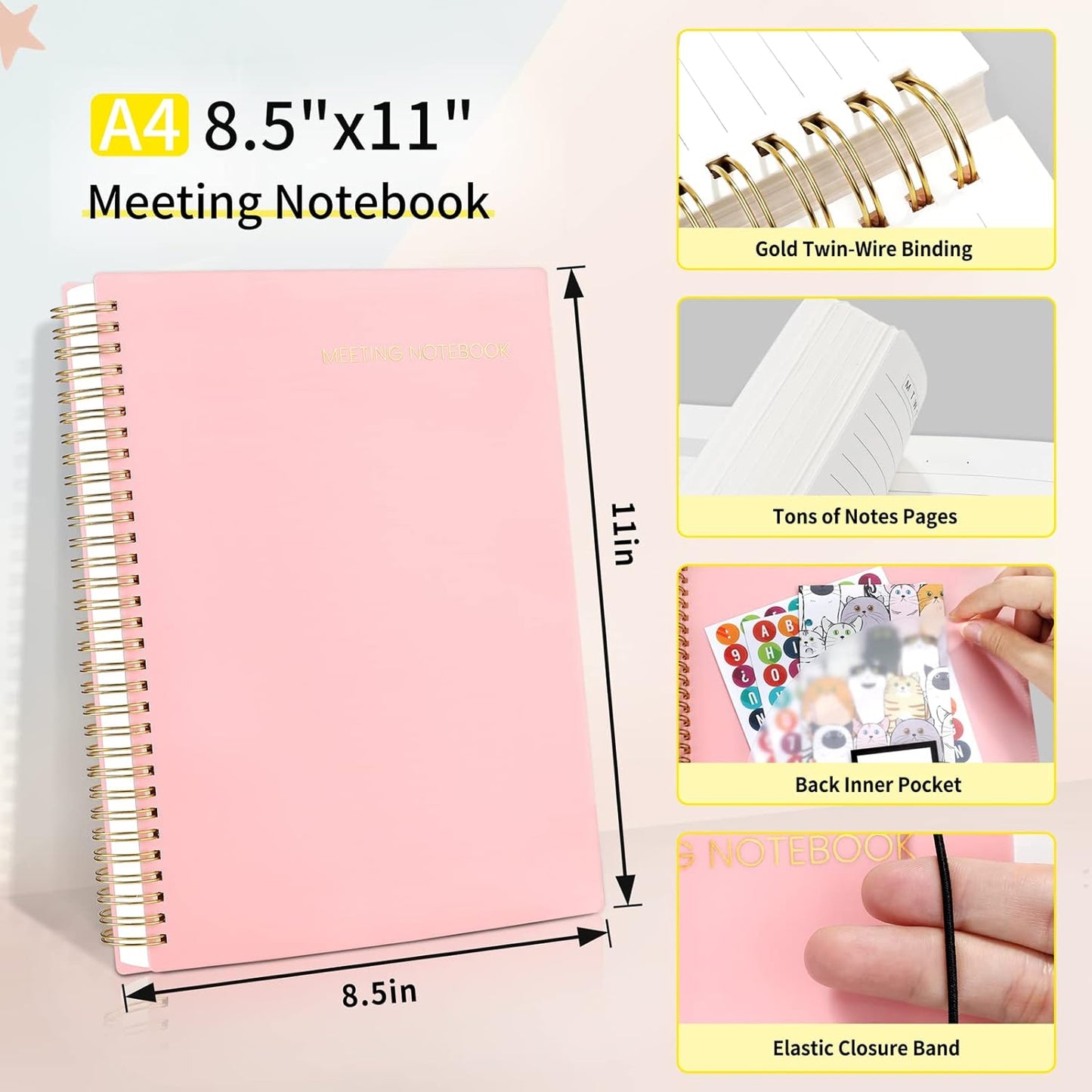 SUNEE Meeting Notebook for Work with Sticky Tabs - 160 Pages, A4 Size Project Planner, Spiral Meeting Agenda/Minutes Notebook Organizer for Women Men, Note Taking, Office & Business, 8.5"x11", Pink