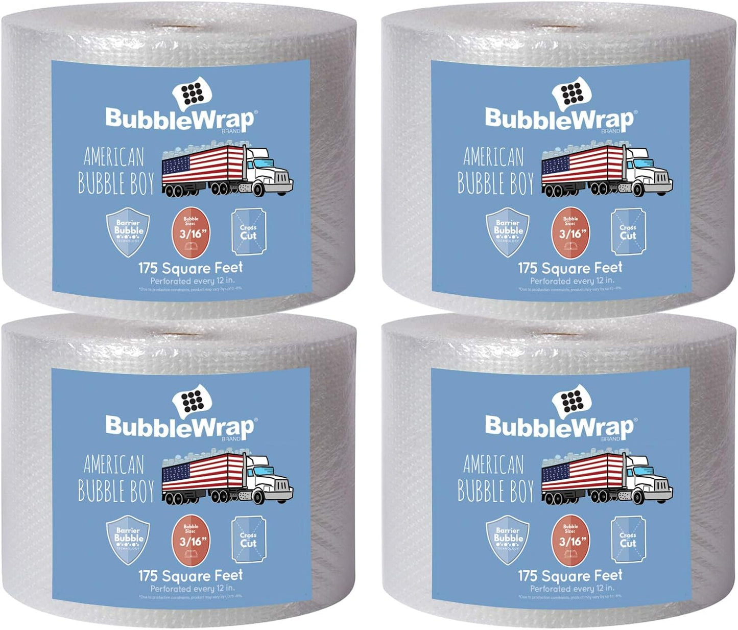 4 large rolls of Bubble Wrap total 700 feet, small bubble wrap 3/16 cushioning, 700 ft, heavy duty, perforated Every 12" Made in the USA by American Bubble Boy, bulk bubble wrap for moving, shipping